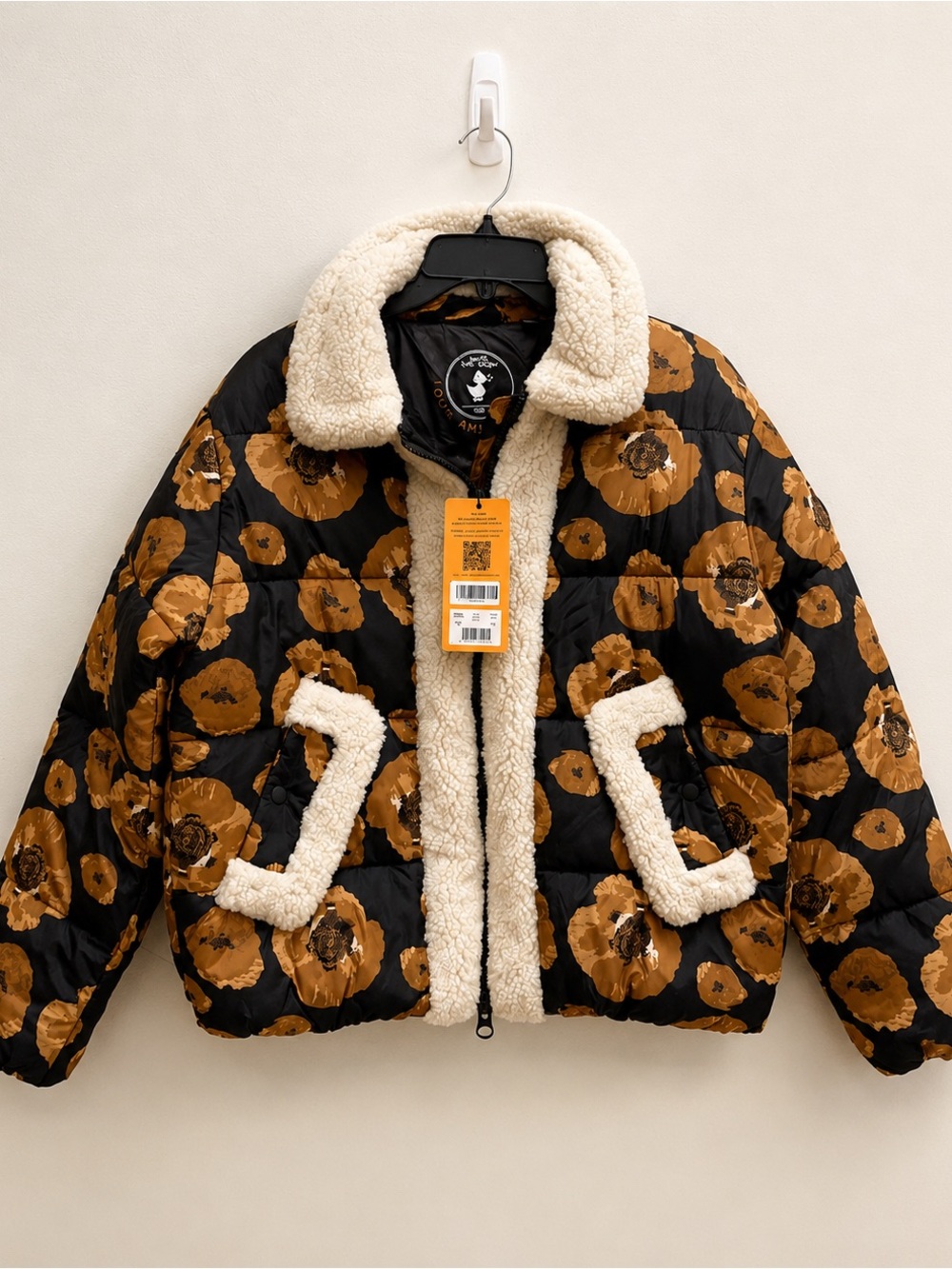 SAVE THE DUCK Black Floral-Print Puffer Jacket with Cream Sherpa Trim